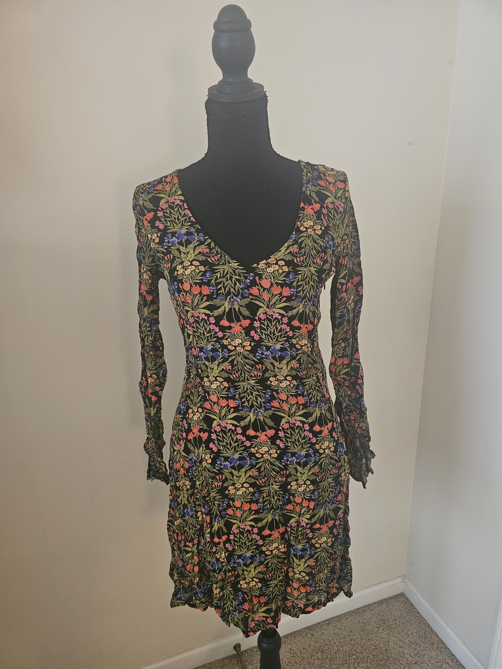 Old Navy Black Floral V-Neck Long Sleeve Dress with Pink, Green & Blue Print